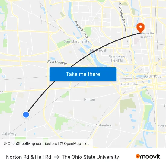 Norton Rd & Hall Rd to The Ohio State University map