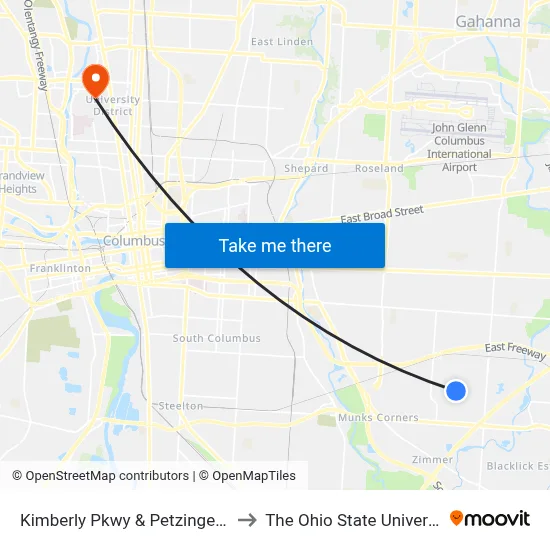 Kimberly Pkwy & Petzinger Rd to The Ohio State University map