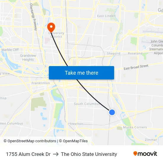 1755 Alum Creek Dr to The Ohio State University map