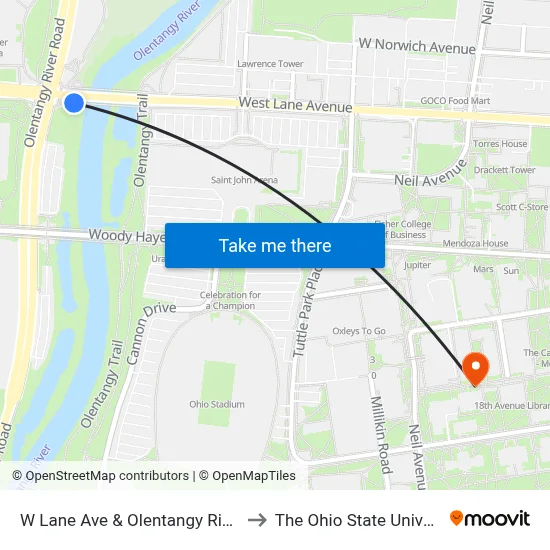 W Lane Ave & Olentangy River Rd to The Ohio State University map