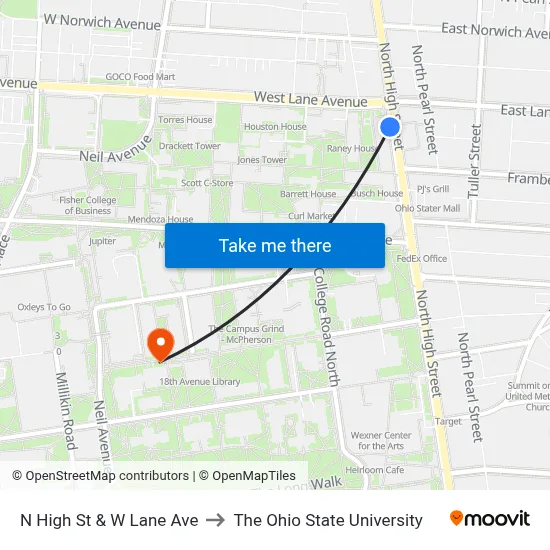 N High St & W Lane Ave to The Ohio State University map