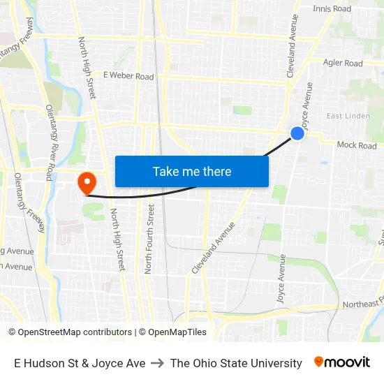 E Hudson St & Joyce Ave to The Ohio State University map