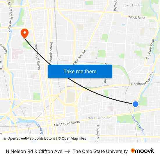 N Nelson Rd & Clifton Ave to The Ohio State University map