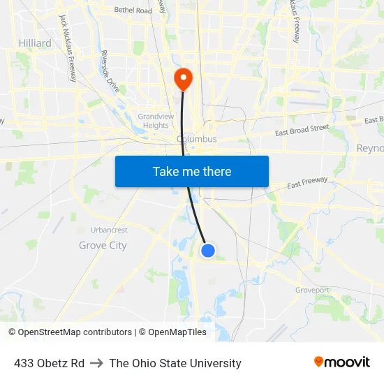 433 Obetz Rd to The Ohio State University map