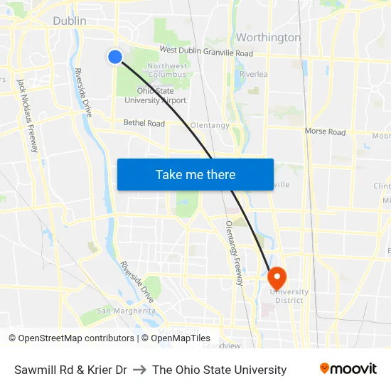 Sawmill Rd & Krier Dr to The Ohio State University map