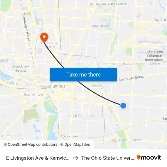 E Livingston Ave & Kenwick Rd to The Ohio State University map