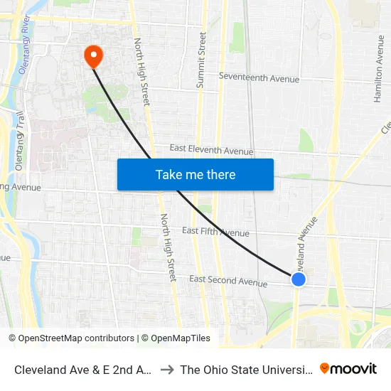 Cleveland Ave & E 2nd Ave to The Ohio State University map