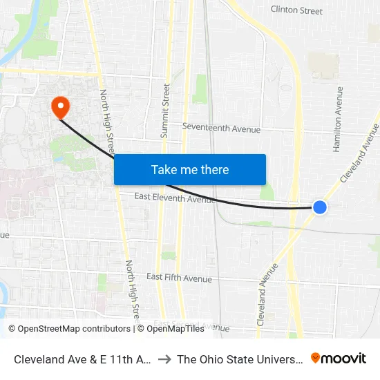 Cleveland Ave & E 11th Ave to The Ohio State University map