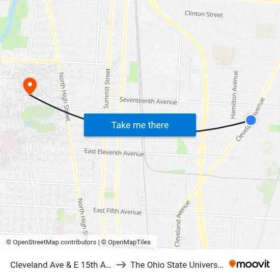 Cleveland Ave & E 15th Ave to The Ohio State University map