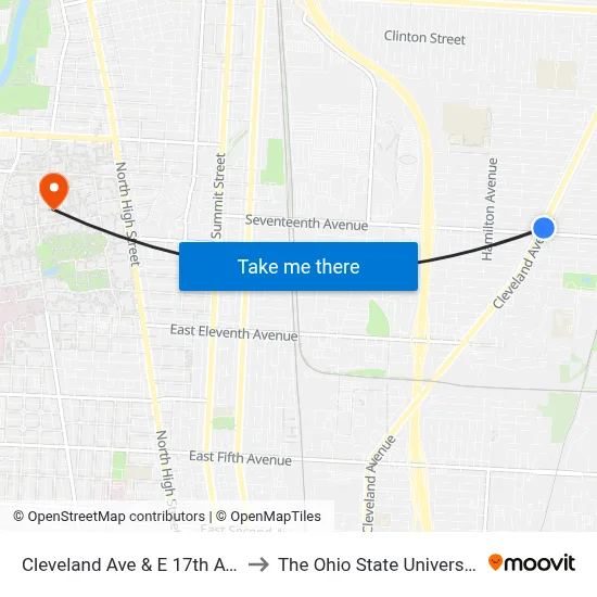 Cleveland Ave & E 17th Ave to The Ohio State University map