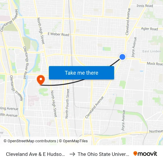 Cleveland Ave & E Hudson St to The Ohio State University map