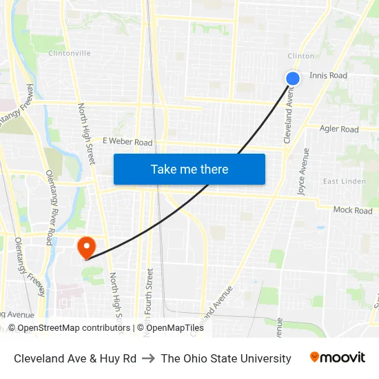 Cleveland Ave & Huy Rd to The Ohio State University map
