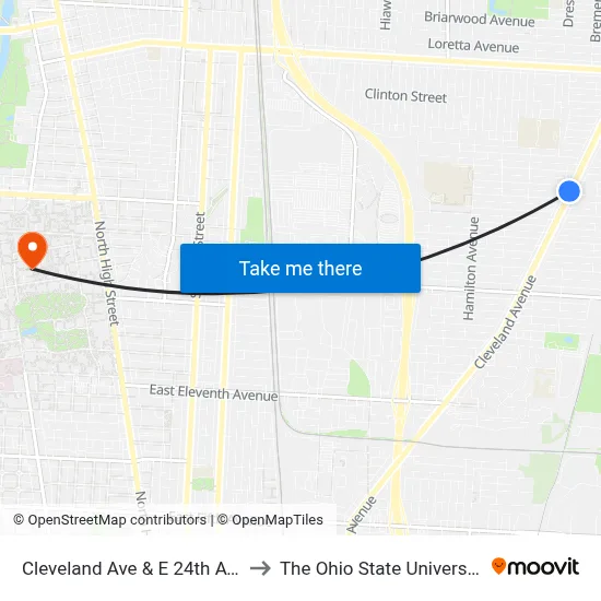 Cleveland Ave & E 24th Ave to The Ohio State University map