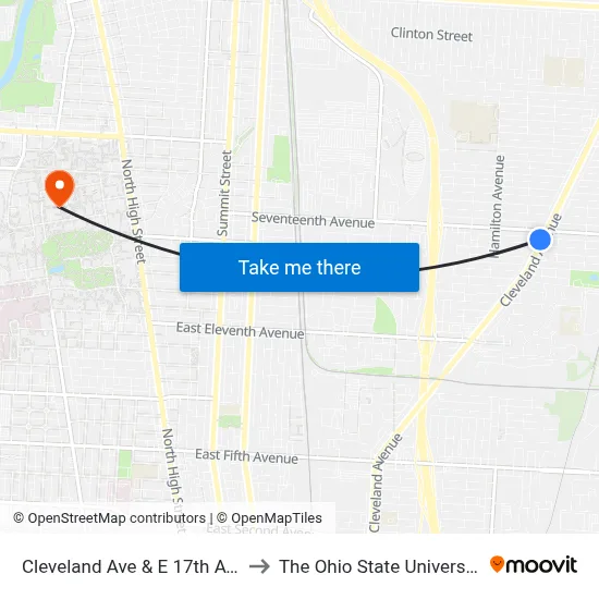 Cleveland Ave & E 17th Ave to The Ohio State University map