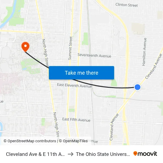 Cleveland Ave & E 11th Ave to The Ohio State University map