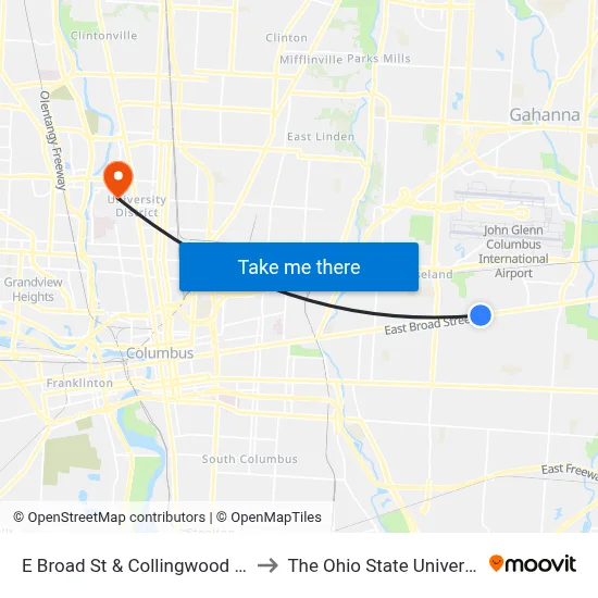 E Broad St & Collingwood Ave to The Ohio State University map