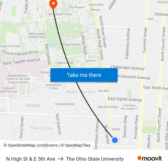 N High St & E 5th Ave to The Ohio State University map