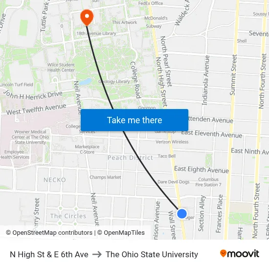 N High St & E 6th Ave to The Ohio State University map