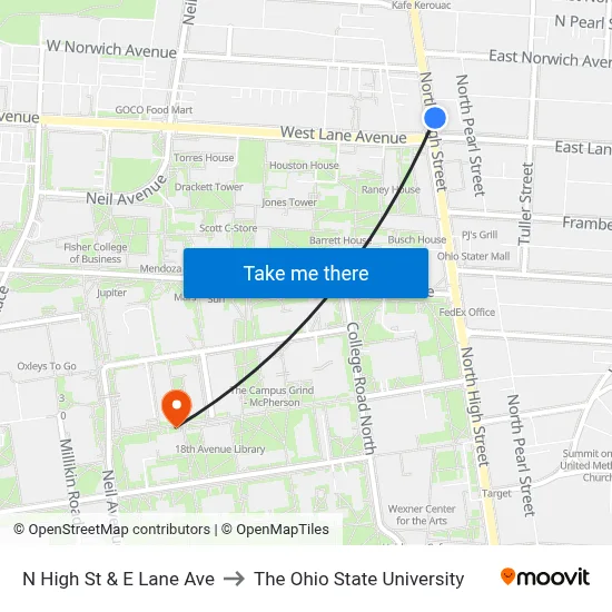 N High St & E Lane Ave to The Ohio State University map