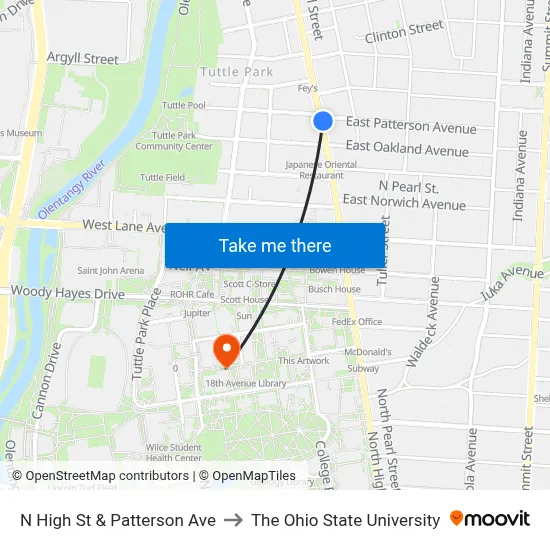 N High St & Patterson Ave to The Ohio State University map