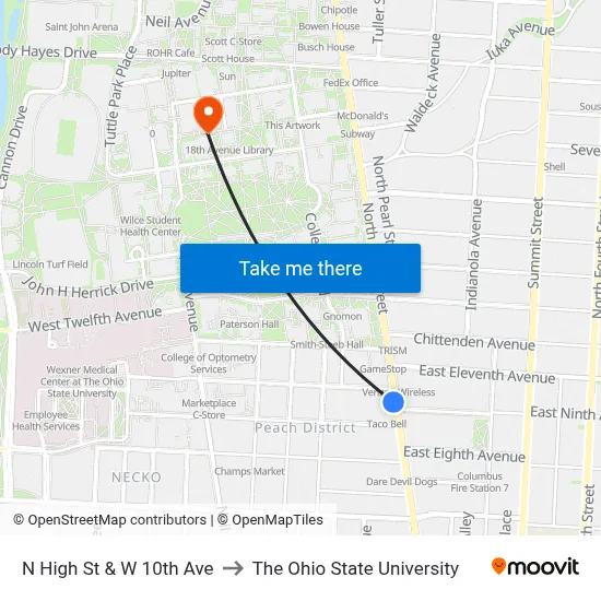 N High St & W 10th Ave to The Ohio State University map