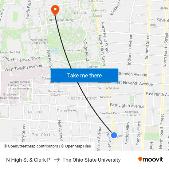 N High St & Clark Pl to The Ohio State University map
