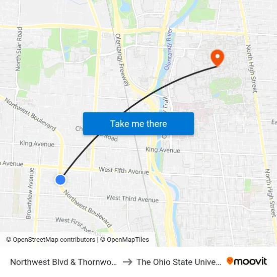 Northwest Blvd & Thornwood Pl to The Ohio State University map