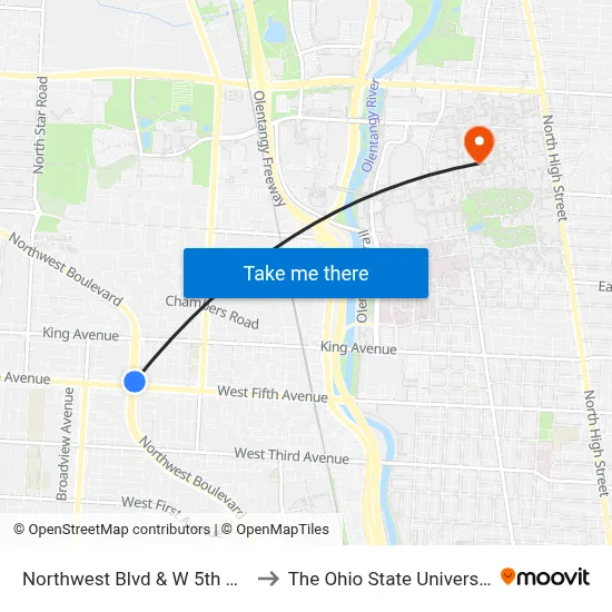 Northwest Blvd & W 5th Ave to The Ohio State University map