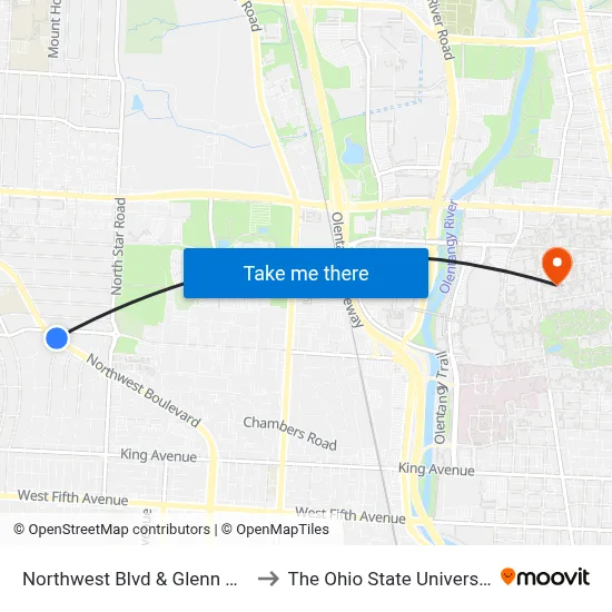 Northwest Blvd & Glenn Ave to The Ohio State University map