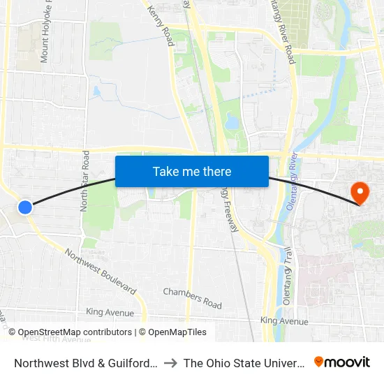 Northwest Blvd & Guilford Rd to The Ohio State University map