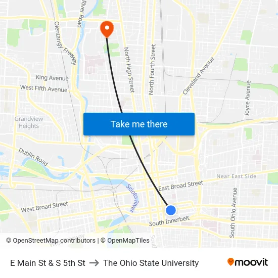 E Main St & S 5th St to The Ohio State University map