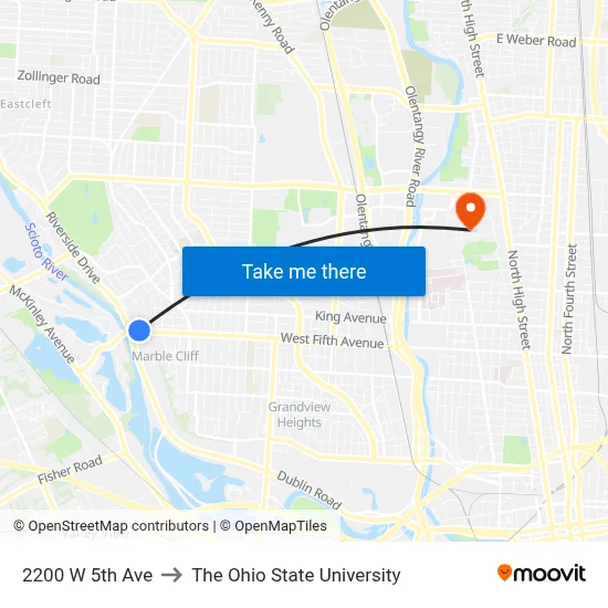 2200 W 5th Ave to The Ohio State University map