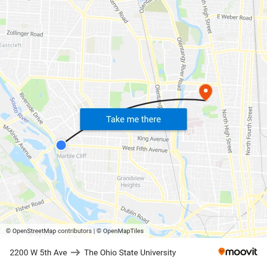 2200 W 5th Ave to The Ohio State University map