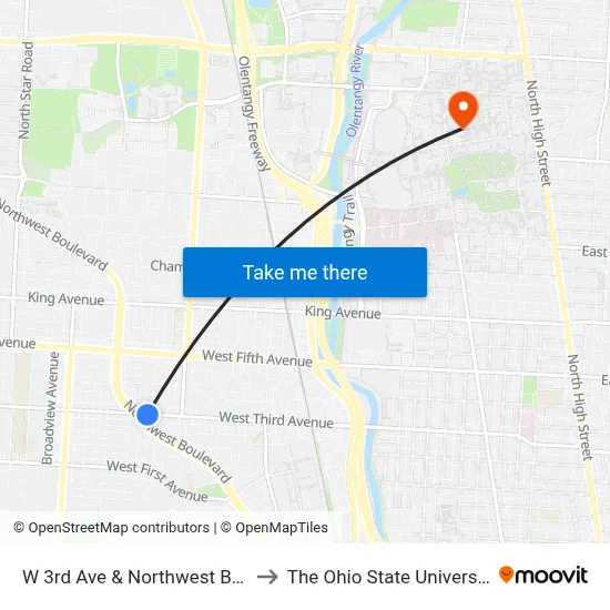 W 3rd Ave & Northwest Blvd to The Ohio State University map