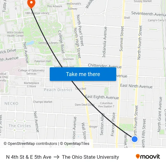 N 4th St & E 5th Ave to The Ohio State University map