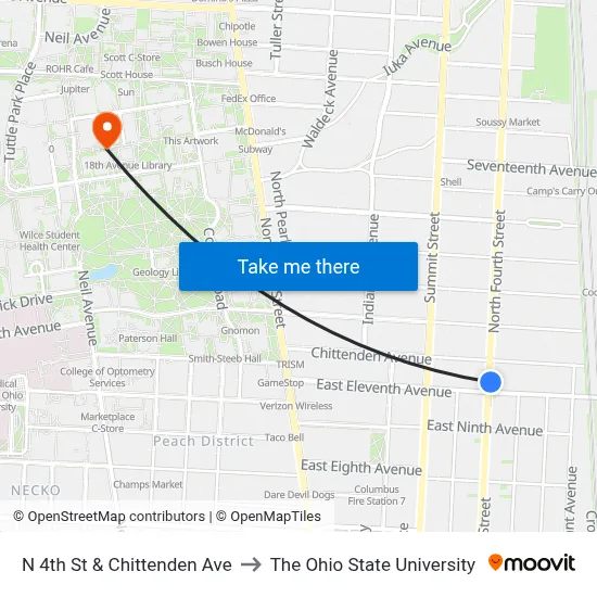 N 4th St & Chittenden Ave to The Ohio State University map