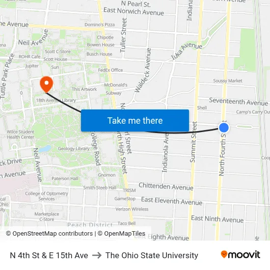 N 4th St & E 15th Ave to The Ohio State University map