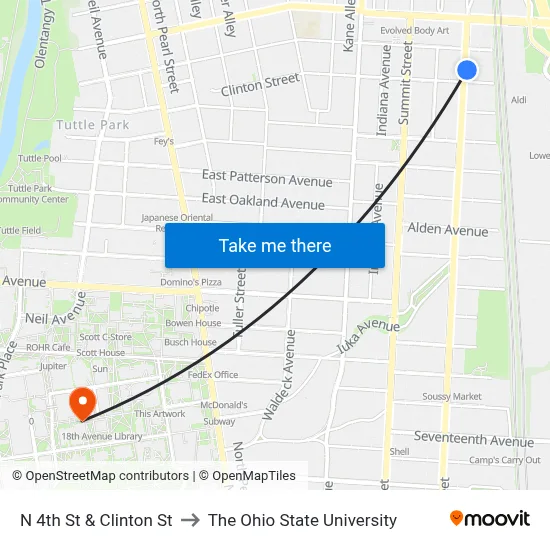 N 4th St & Clinton St to The Ohio State University map