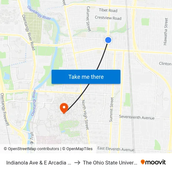 Indianola Ave & E Arcadia Ave to The Ohio State University map
