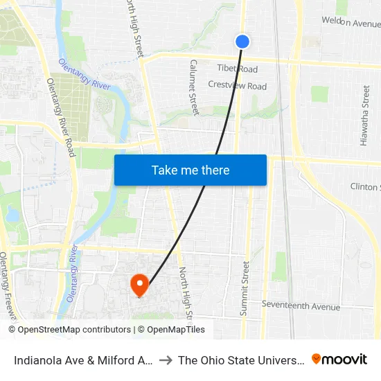 Indianola Ave & Milford Ave to The Ohio State University map