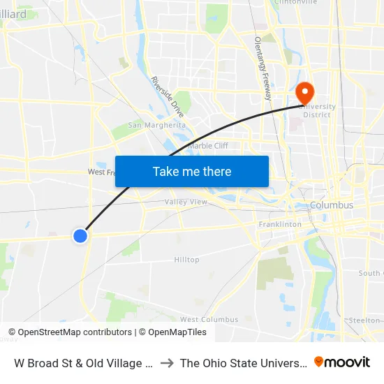 W Broad St & Old Village Rd to The Ohio State University map