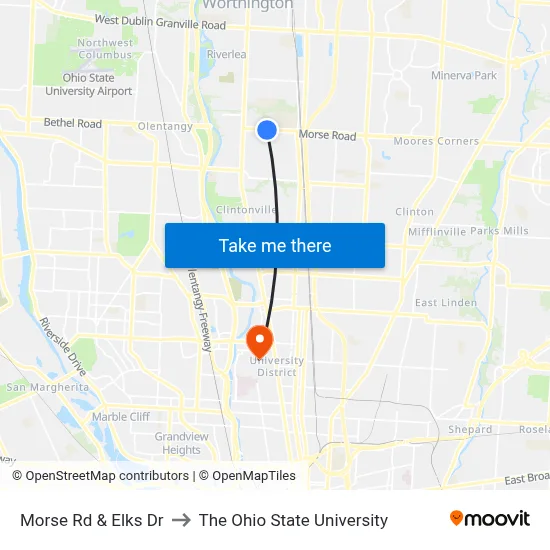 Morse Rd & Elks Dr to The Ohio State University map