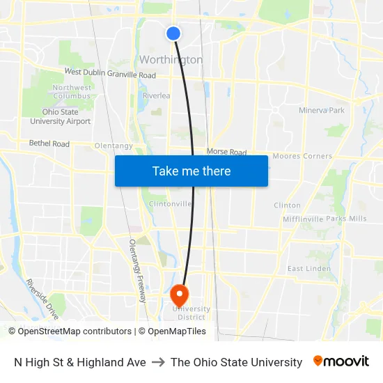 N High St & Highland Ave to The Ohio State University map