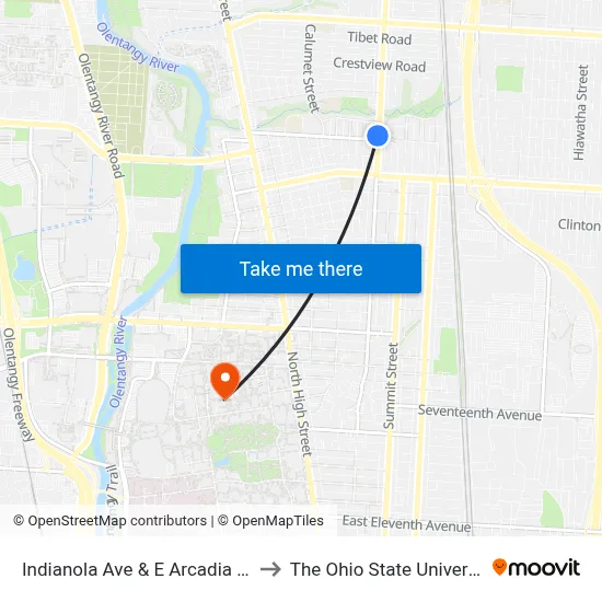 Indianola Ave & E Arcadia Ave to The Ohio State University map