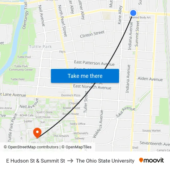 E Hudson St & Summit St to The Ohio State University map