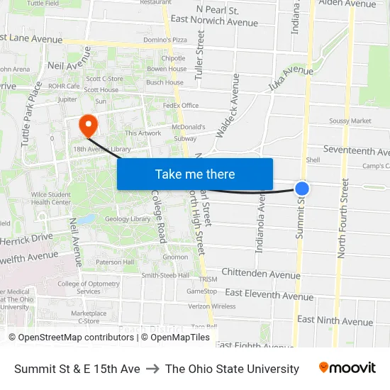 Summit St & E 15th Ave to The Ohio State University map