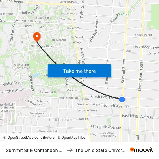 Summit St & Chittenden Ave to The Ohio State University map