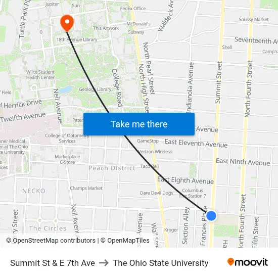 Summit St & E 7th Ave to The Ohio State University map