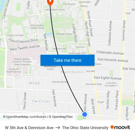W 5th Ave & Dennison Ave to The Ohio State University map
