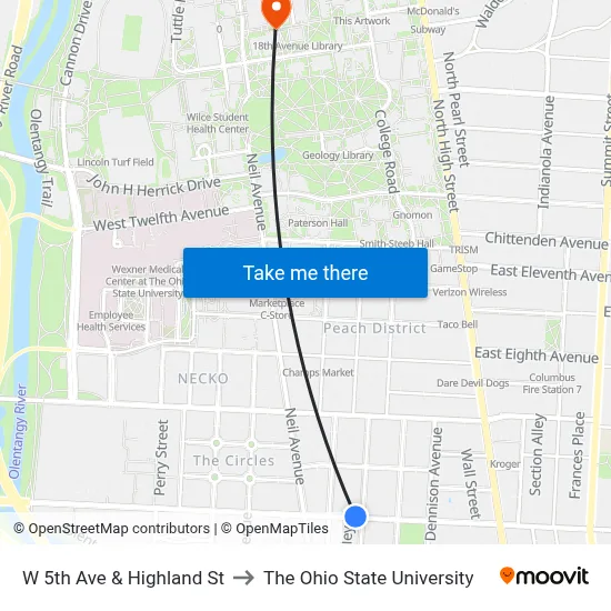 W 5th Ave & Highland St to The Ohio State University map
